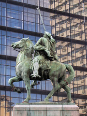 A gaucho on horseback in the city. Monument to the gaucho, a typical inhabitant of South America. Uruguay, Argentina, Brazil.
