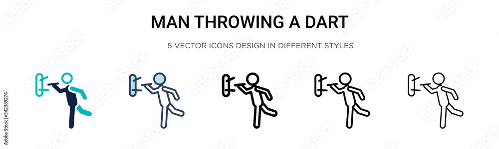 Poster man throwing a dart icon in filled, thin line, outline and stroke style. vector illustration of two 