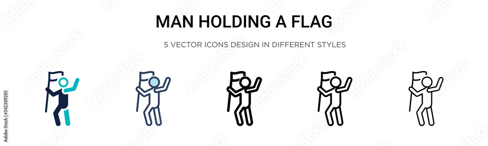 Poster man holding a flag icon in filled, thin line, outline and stroke style. vector illustration of two c