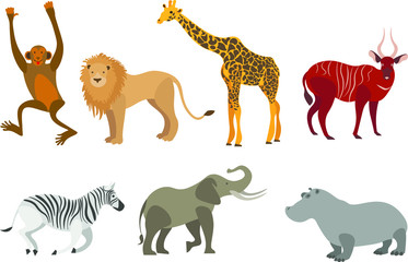 Wild animals of Africa. Detailed animals. Lion, giraffe, monkey, Hippo, Zebra, antelope. Vector animals.