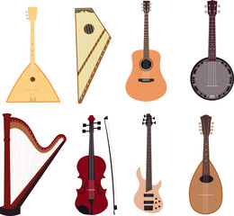 Stringed musical instrument. Musical instrument. Music. Orchestral music. Vector musical instruments. Guitar, balalaika, violin, harp, electric guitar.