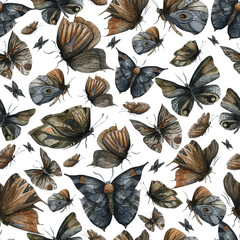 Seamless pattern with night dark butterflies set. Abstract fantasy design background for print, poster, fabric, wallpaper. Watercolor illustration