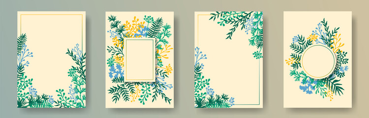 Watercolor herb twigs, tree branches, leaves floral invitation cards set. Bouquet wreath modern cards design with dandelion flowers, fern, mistletoe, eucalyptus leaves, sage twigs. © SunwArt