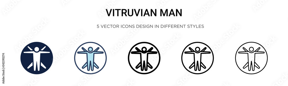 Poster vitruvian man icon in filled, thin line, outline and stroke style. vector illustration of two colore