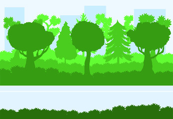 Morning forest landscape. Horizontal banner. Panoramic view of the forest. Flat vector illustration. EPS 10.