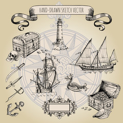 Set of decorative elements for the design of an old geographical map. Caravel, sea monsters, anchor, ship's wheel, compass-meter, wind rose, cartouche, lighthouse, chest, gold, skull