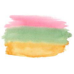 Watercolor stain background hand drawn and isolated over white background.  Green, pink and yellow brush strokes background 