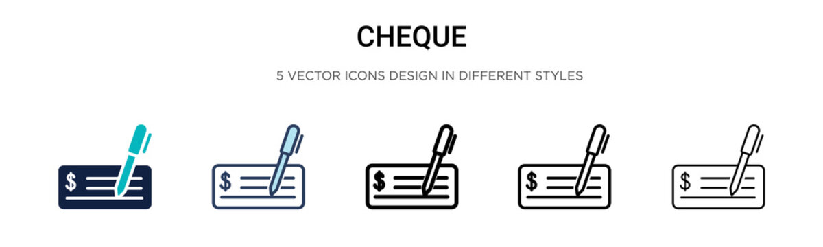 Cheque icon in filled, thin line, outline and stroke style. Vector illustration of two colored and black cheque vector icons designs can be used for mobile, ui, web