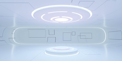modern futuristic interior white space ship technology room 3d illustration render background