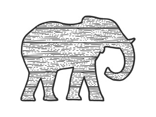 wooden elephant animal silhouette sketch engraving vector illustration. T-shirt apparel print design. Scratch board imitation. Black and white hand drawn image.
