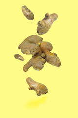 Fresh healthy ginger rhizomes isolated floating in the air, photomontage on yellow background. Light, fun, bubbly, comic.