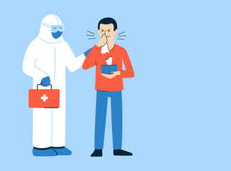 Vector illustration in flat style. Coronavirus COVID-19 concept. Place for text. Banner, poster, card, brochure template. Doctor in protective suit and coughing, sneezing man with disposable napkins.
