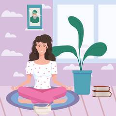 Woman character practicing yoga on social distancing. Stays at home
