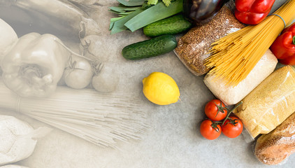 Crisis food products for isolation period. Macaroni, oil, canned food, vegetables, sugar, oatmeal, millet, lemons, ginger. Food Delivery, Donation, Coronavirus Quarantine.