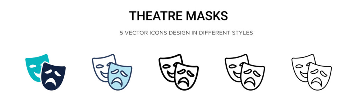 Theatre masks icon in filled, thin line, outline and stroke style. Vector illustration of two colored and black theatre masks vector icons designs can be used for mobile, ui, web