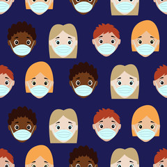 Children in medical masks. Coronavirus. Vector illustration in flat style. Seamless pattern.