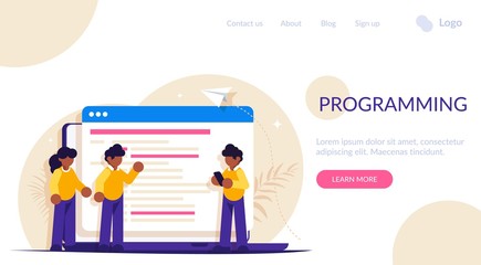 Programmers discuss the code on the laptop screen. IT specialists while working on the project. Modern flat vector illustration.