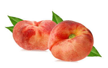 Two chinese flat donut peaches with leaf isolated on white with clipping path