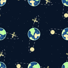 Fototapeta na wymiar Stylish Earth seamless pattern with Moon, orbit and International Space Station. Illustration, great for wallpaper, textile and texture design