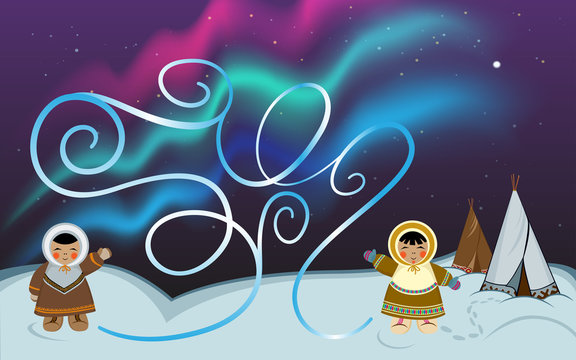 Maze game for kids. Northern people characters in ethnic winter clothes. Polar night background with North native dwellings, dark starry sky, polar lights.