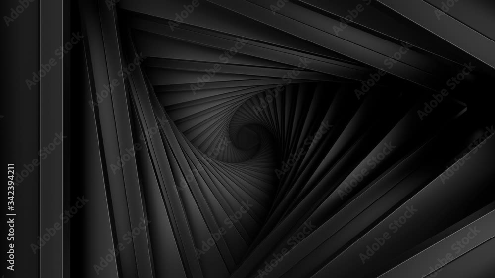 Poster 3d render of twisted triangle geometry structure. minimalistic. dark material. loop animation.