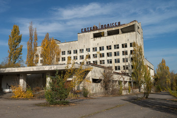 Hotel in abandoned ghost town Pripyat in Chernobyl zone