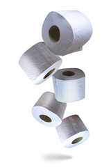 Five isolated toilet paper rolls on white background, vertical. Fun, light, bubbly, comic.