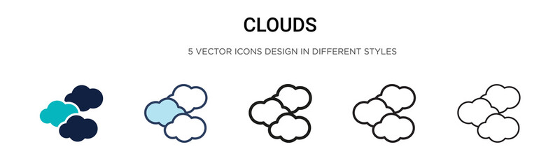 Clouds icon in filled, thin line, outline and stroke style. Vector illustration of two colored and black clouds vector icons designs can be used for mobile, ui, web