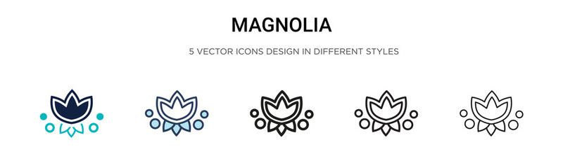 Magnolia icon in filled, thin line, outline and stroke style. Vector illustration of two colored and black magnolia vector icons designs can be used for mobile, ui, web
