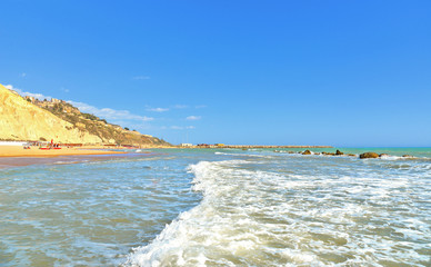 Seascape with Mollarella sand beach (spiaggia di mollarella) near coastal city of Licata , SICILY Italy