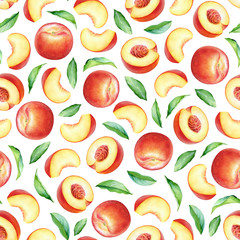 Seamless pattern with watercolor peach fruits and leaves