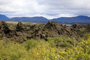 Myvatn / Iceland - August 30, 2017: Volcanic rocks formation at Dimmuborgir area and park, Iceland, Europe