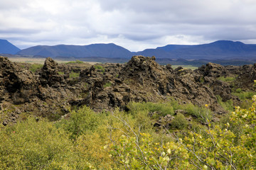 Myvatn / Iceland - August 30, 2017: Volcanic rocks formation at Dimmuborgir area and park, Iceland, Europe