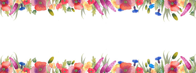 Large sized flower frame or header.  Beautiful summer flowers composition on the top and bottom of the frame. Poppy flowers, cornflowers, leaves. 