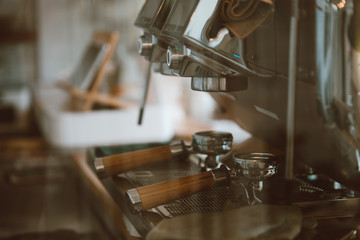 Coffee machines in cafe ready for making espresso or latte