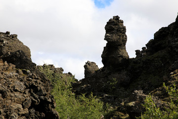 Myvatn / Iceland - August 30, 2017: Volcanic rocks formation at Dimmuborgir area and park, Iceland, Europe