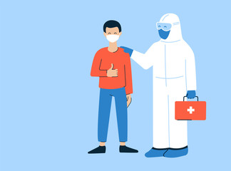 Modern vector illustration in flat style. Thank you doctors and nurses. Coronavirus COVID-19. Doctor in white hazmat suit. Pleased happy patient wearing mask. Get well, recover soon. Place for text