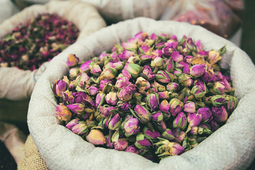 Dried rose buds close up at the market.