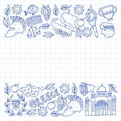 Greece. Vector pattern with traditional symbols of greek culture for web, internet, banners, posters. Ancient history, temples, arts. Parthenon.