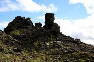 Myvatn / Iceland - August 30, 2017: Volcanic rocks formation at Dimmuborgir area and park, Iceland, Europe