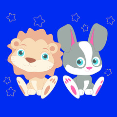 Cute baby lion and bunny vector character illustration. Bunny collection