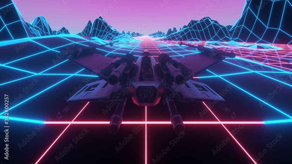 Wall mural futuristic spaceship flying through space. retro futuristic 80's style spacecraft. 3d rendering