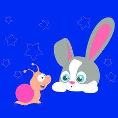 Funny bunny and lovely snail vector character illustration. Bunny collection