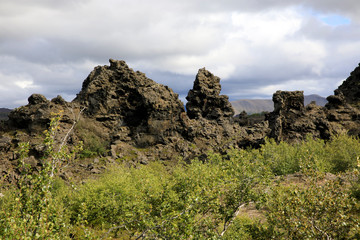 Myvatn / Iceland - August 30, 2017: Volcanic rocks formation at Dimmuborgir area and park, Iceland, Europe