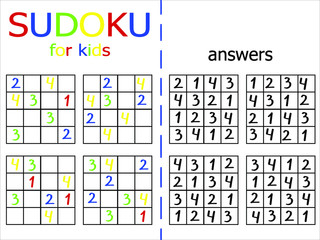 Sudoku for kids stock vector illustration. Set of simple sudoku games withanswer for children. Printable four by four sudoku. Easy logic number game. Educational colorful number puzzle with solution.