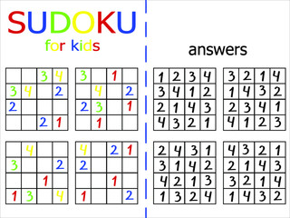 Simple sudoku set for kids. Number logic game for improve IQ. Horizontal printable brainteaser work sheet. Learning counting and number from one to four. Brin activity jigsaw with answers on white. 