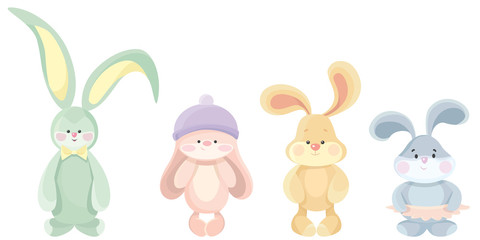 Set of teddy hares. Cute toys in cartoon style.