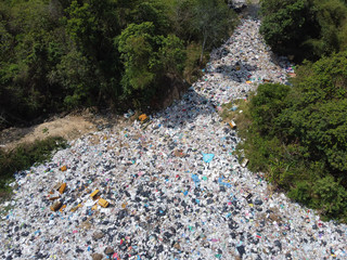 Aerial view of bad environment with many trashes from people in the rain forest.