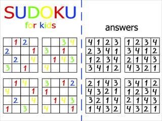 Simple sudoku set of four puzzles with answers. Colorful number game. Logic counting japanese jigsaw work sheet for kids. One, two, three and four number printable educational game. One of a series. 