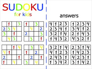 Children sudoku game for home pastime. Colorful number logic game on white background. Japanese jigsaw with answers. Sudoku for kids stock vector illustration.  Printable number math worksheet.